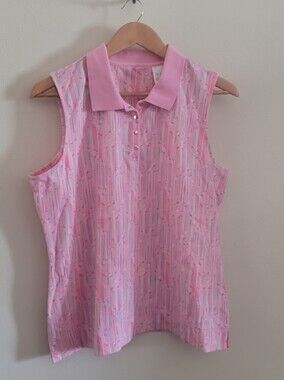 LizGolf Sleeveless Collared Golf Club Print Polo, Women's XL, Pink Patterned
